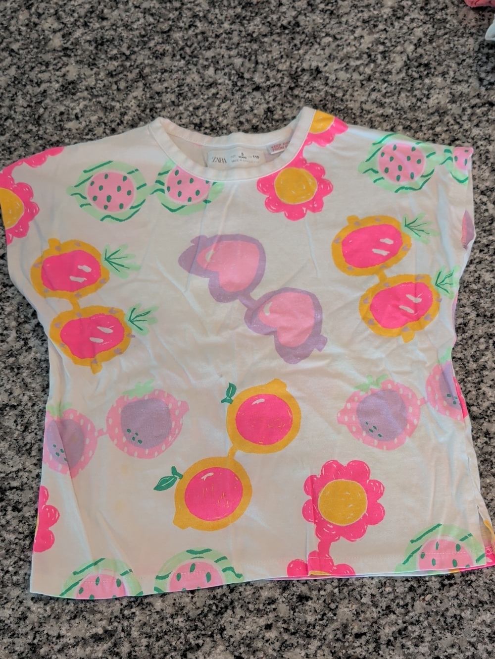 Zara White Tee with Pink & Yellow Floral and Fruit Print